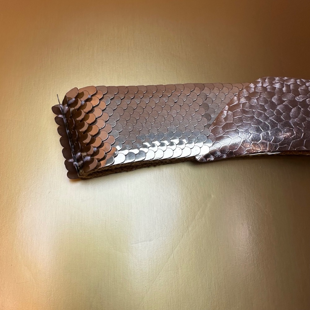 Vintage Gold Sequin Scale Wide Elastic Stretch Waist‎ Cinch Belt Metallic Glam - Picture 5 of 7